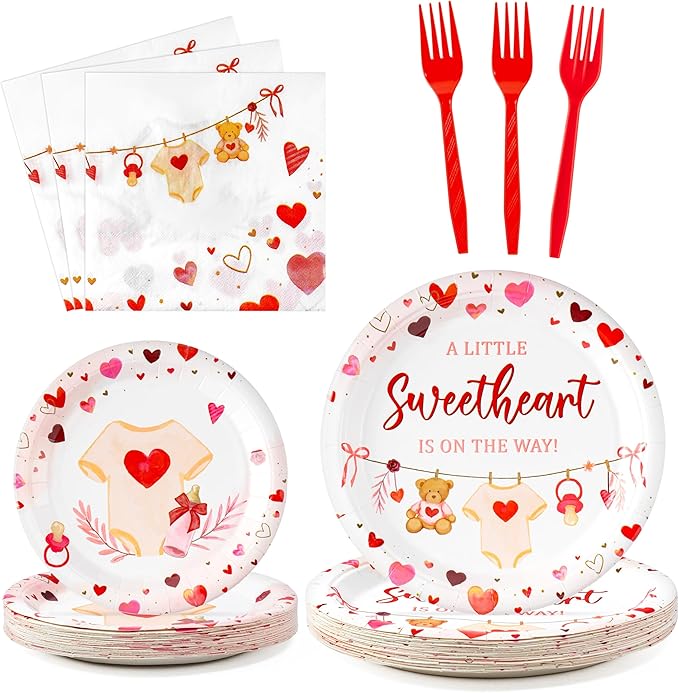 A Little Sweetheart Is On The Way Baby Shower Party Plates Supplies - Serves 24-96Pcs Bear Party Tableware Decoration Disposable Paper Plates Napkins Forks for Birthday
