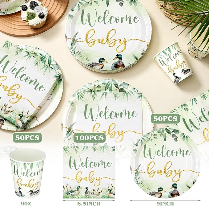 Hushee 200 Pcs Mallard Duck Baby Shower Paper Plates Napkins Cups Baby Shower Party Supplies Tableware Set Disposable Cup Napkin for 50 Guest Party Decoration