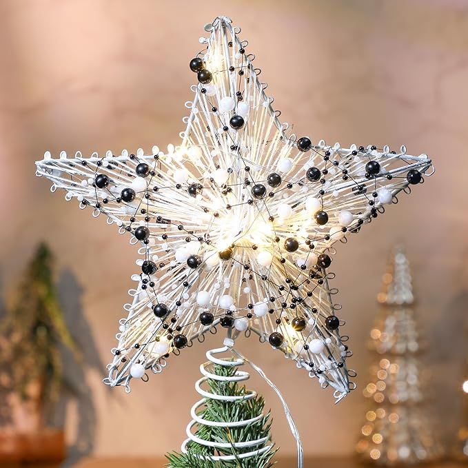 Black and White Christmas Tree Topper 8.3" Star Tree Topper Lighted Christmas Decor 3D Star Treetop LED Battery Light Spooky Xmas Ornament for Holiday Party Nightmare Indoor Outdoor Home Decor