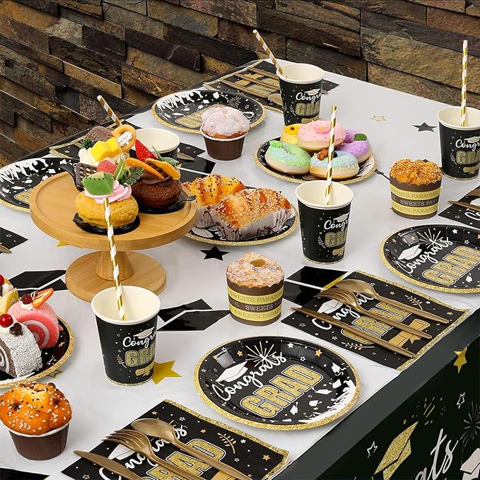 Graduation Party Supplies Congrats Grad Decorations Class of 2025, Disposable Plates and Napkins with Banner Tablecloth Cups Dinnerware Sets for Graduation Decor, Serves 24 (Black and Gold)