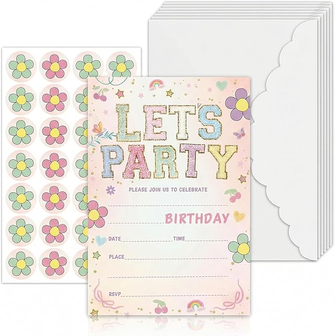 Let's Party! Birthday Invitations - Cute Flower - 20Pcs Double-Sided Fill- In Invitation Cards & Envelopes For Boys, Girls, Birthday Party Favor & Supplies 6 x 4 Inch