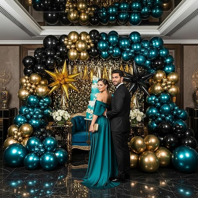 Chrome dark Teal and gold black Balloon Garland Kit 170Pcs Double-Stuffed Navy Teal Blue With Starburst Balloons for Birthday Luxury shop happy grad eve decorations 2025