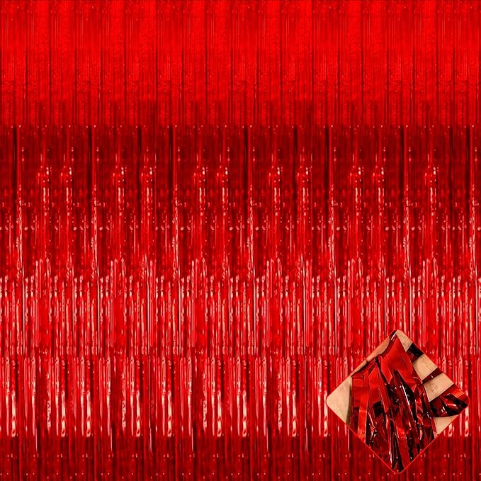 4 Pack 3.3Ft x 6.6Ft Red Foil Fringe Curtain Backdrop, Metallic Tinsel Foil Fringe Streamers Curtains Background for Photo Booth, Birthday, Wedding, Halloween, Christmas Party Decoration