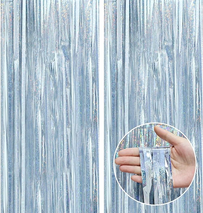 Silver Glitter Foil Backdrop 2 Pack for Birthday, Baby Shower, Wedding Engagement, Holiday Celebration Party Decorations, 3.3 FT x 6.5 FT, Silver