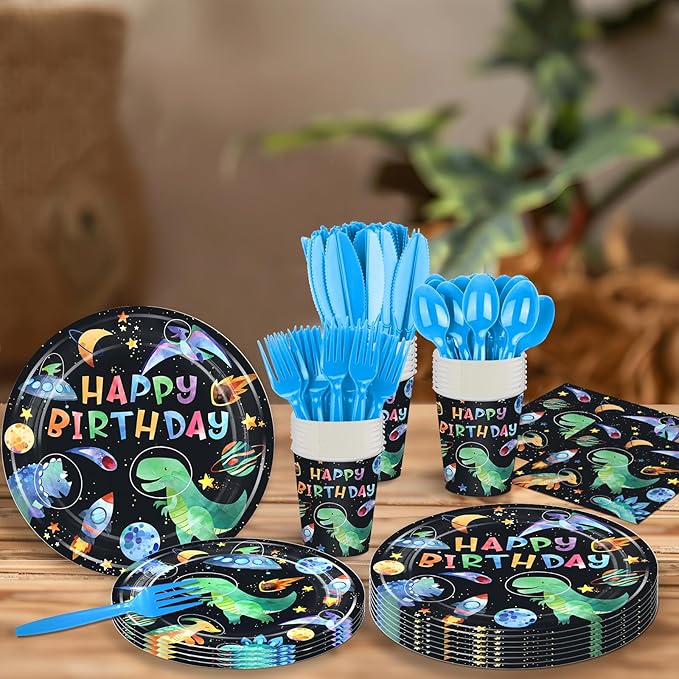 168PCS Dinosaur Party Supllies for Boys Cartoon Dino Birthday Party Decorations with Space Astronauts Planet,Dinosaurs Plates Cups Napkins Tableware -24 Guests