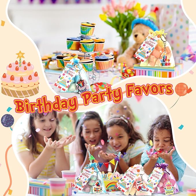 24 Set Happy Birthday Goodie Bags for Kids Happy Birthday Keychain Gifts with Organza Bags and Card for Students Key Chain Classroom Reward Gift Party Goodie Bag Stuffers Gift