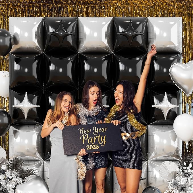 32PCS Black and Silver Square Foil Balloons Wall, Double Sided Metallic Silver Black Checkered Square Balloon Backdrop Flat Tunnel with Star Balloon Background for Disco Birthdays Graduation New Year
