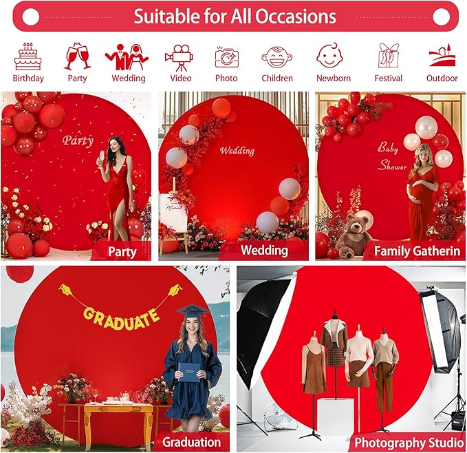 Gallety 7.2FT Red Round Backdrop Cover with Size Adjuster & 4 Metal Clips, Universal Fit for 5ft-7.2ft Circle Stand, Polyester Fabric Arch Cover for Wedding, Birthday Party, Video, Photography Decor