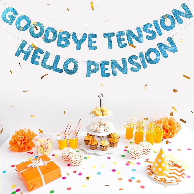 Retirement Banner Pre-Strung GOODBYE TENSION HELLO PENSION Banner Glitter Retirement Party Supplies Decorations for Women Men Office Home Decor (Dark blue)