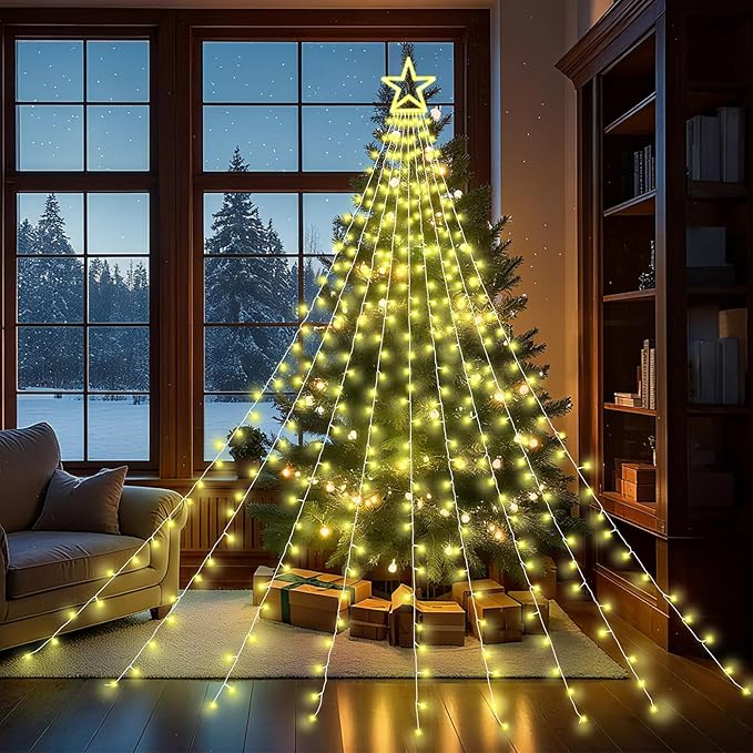 Christmas Decorations Outdoor, 11.5 ft 317 LED Star Christmas Tree Lights, 8 Memory Lighting Modes&Timer Star Light for Yard, Wedding, Party, Decorations（Warm