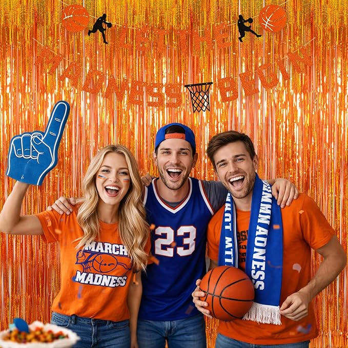 Melsan Orange Tinsel Backdrop Curtains, 3.2ft x 8.2ft Sparkle Metallic Foil Fringe Curtain for Basketball Thanksgiving Halloween Birthday Party Decorations, 2 Packs