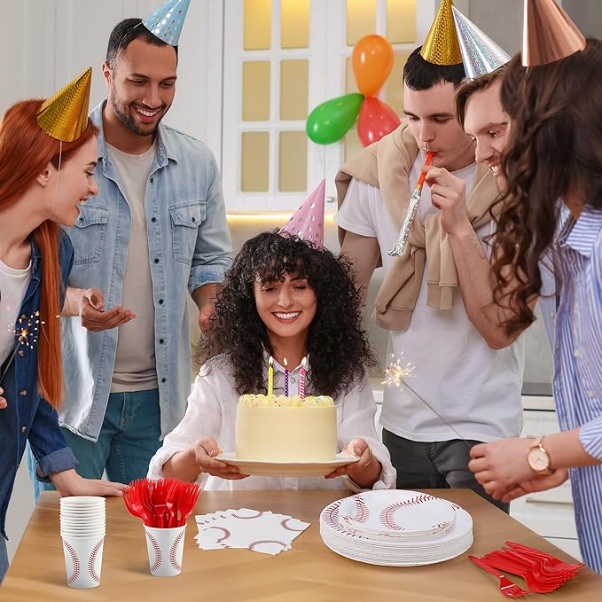 Kochorie 144 Pieces Baseball Party Supplies, Sports Tableware Sets Including Disposable Paper Plates Napkins Cups Forks Serves 24 for Birthday Sports Baseball Party Decorations