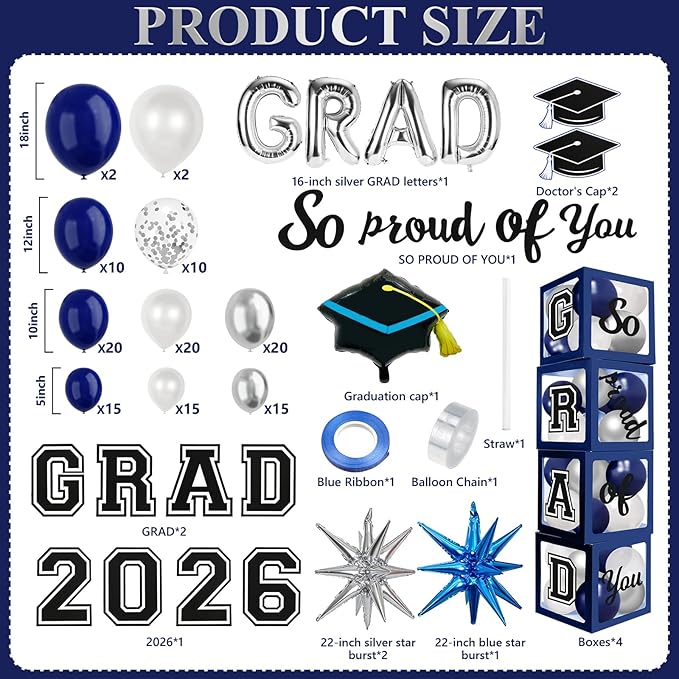 2026 Graduation Boxes Decorations,Blue and Silver Balloon Garland Arch Kit with GRAD,2026 Balloon Boxes,Graduation Cap Decor for High School,College Graduation Party Supplies