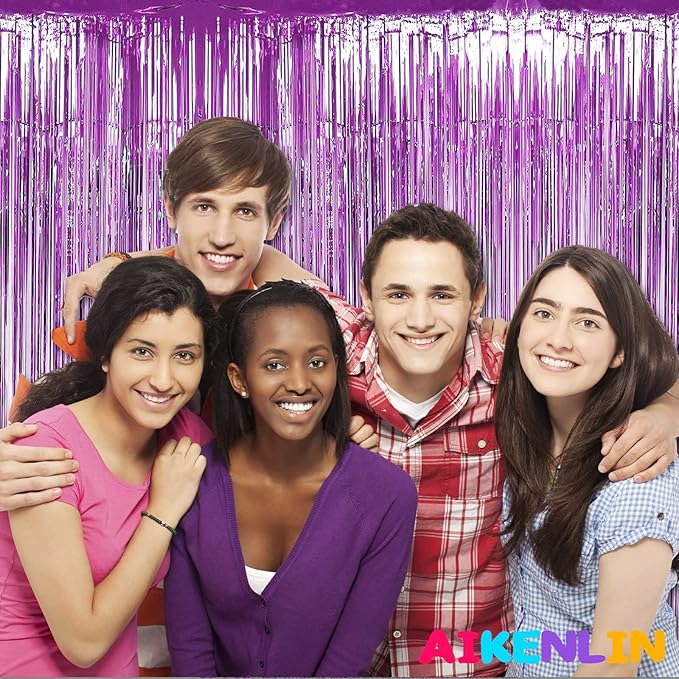 4 Pack 3.3Ft x 6.6Ft Light Purple Foil Fringe Curtain Backdrop, Metallic Tinsel Foil Fringe Streamers Curtains Background for Photo Booth, Birthday, Wedding, Halloween, Christmas Party Decoration