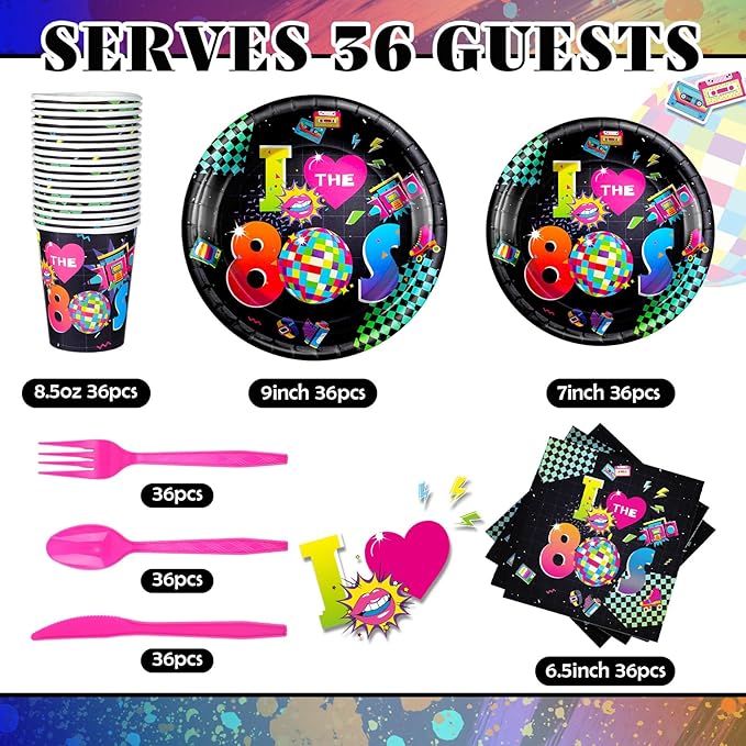 Yungyan 252 Pcs Retro 80s Plates and Napkins Set I Love the 1980s Party Decorations Back to the 80s Napkins Plates Cups Knives Spoons Forks 1980s Neon Party Tableware Supplies Serves 36 Guests
