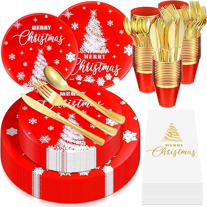 Maxcheck 175 Pcs Christmas Plastic Dinnerware Merry Christmas Plate Set 25 Dinner Plate 25 Dessert Plate 25 Napkin 25 Fork 25 Knives 25 Spoon 25 Cup for Xmas Holiday Party Supplies Serve for 25