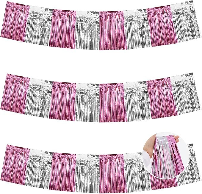 BEISHIDA 3 Packs Metallic Foil Fringe Garland Pink Silver Wall Hanging Tinsel Fringe Banners for Car Floats Birthday Baby Bridal Shower Wedding Graduation Holiday Party Decoration(30 Feet)