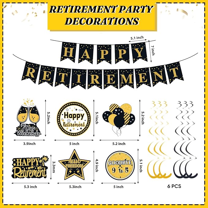Retirement Party Decorations for Men Women Black Gold Happy Retirement Banner Backdrop Honeycomb Centerpiece Cake Topper Hanging Swirl Set
