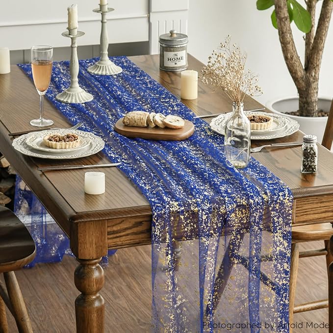 Artoid Mode Blue Gold Gauze Table Runner 59x120 Inch 10FT, Glitter Metallic Foil Sheer Dining Wedding Anniversary Holiday Table Decor for Home Party