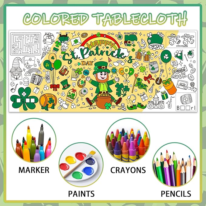 St Patricks Day Giant Coloring Poster for Kids,30x72Inch St Patricks Day Crafts Drawing Paper Coloring Tablecloth DIY Art Crafts Mat for Kids Party Clover Themed Activity Home Classroom Party Suppiles