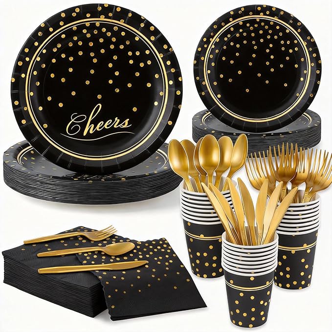 Black Gold Paper Plates and Napkins Party Supplies for 24 Guests, 168 Pcs Disposable Paper Plates with Utensils Set for Black and Gold Graduation Birthday Anniversary Retirement Party Decorations