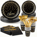 Black Gold Paper Plates and Napkins Party Supplies for 24 Guests, 168 Pcs Disposable Paper Plates with Utensils Set for Black and Gold Graduation Birthday Anniversary Retirement Party Decorations