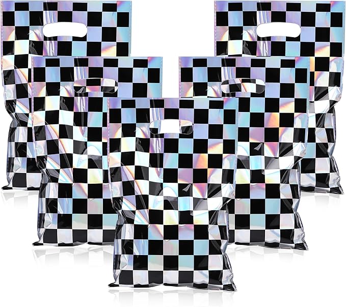 Mikzhskr 30Pcs Race Car Party Favors Bag Black and White Iridescent Laser Checkered Candy Bags Soccer Theme Goodie Bags with Handles for Kids Race Car Birthday Party Supplies