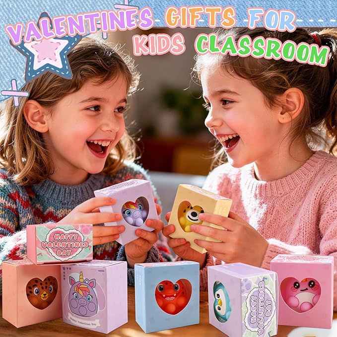 Valentines Day Gifts for Kids, 24 PCS Prefiled Valentines Box with 3D Animal Pop Suction Toys, Valentines Party Favors for Class, School Classroom Valentines Gifts for Boys Girls Toddlers