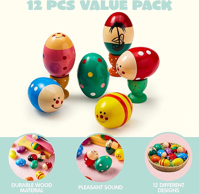 JOYIN 12 Packs 1.9''*2.7" Wooden Egg Shakers Maracas Percussion Musical for Party Favors, Classroom Prize Supplies, Musical Instrument, Basket Stuffers Fillers, Easter Hunt