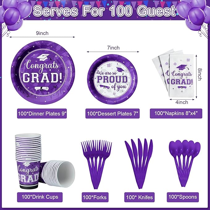 Graduation Party Supplies Congrats Grad Plates and Napkins Set Disposable Tableware Paper Plates Napkins Cups Knives Spoons Forks Straw for Class of 2025 Graduation Party Decorations Serve100 (Purple)