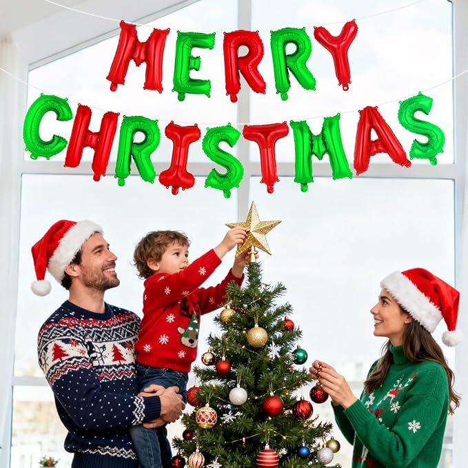 Red and Green Merry Christmas Letter Balloons Banner, Merry Christmas Foil Xmas Balloon for Xmas Party Decorations (Red and Green)