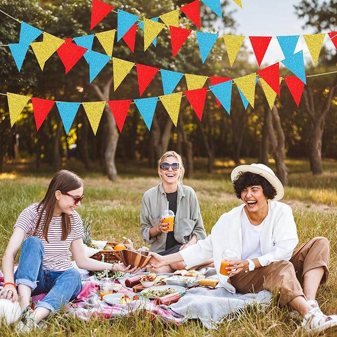 48 Pcs Colorful Triangle Banner Flag Pennant Banner Flags Glitter Garland Wall Door Hanging Banners for Birthday Graduation Classroom School Party Backdrop Decorations Gold, Red, Blue