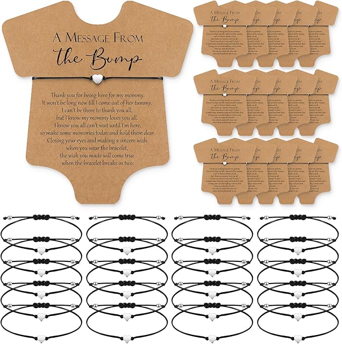 Henoyso 25 Sets Baby Shower Bracelets Adjustable Wish Bracelets Card Heart Charm Baby Shower Party Favor for Guest Gender Reveal Gifts(Kraft)