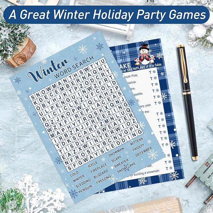 COCHIE 30 Players Winter Holiday Christmas Party Games for Adults Family Office Large Groups, Word Search Game, Guesstures Game, Fact or Flake Games with Answer Key (Winter Search)