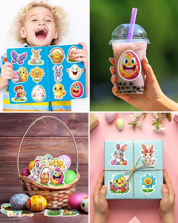 JCFIRE 100 PCS Easter Stickers for Kids, Waterproof Vinyl Cute Bunny & Egg Decals, Ultimate Easter Basket Stuffers for Toddlers, Teens, Boys & Girls, Egg Fillers, Party Favors, Crafts & Decorations
