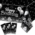 Breling Birthday Party Supplies Confetti Sprinkles Happy Birthday Tablecloths Starry Table Covers for Party Decorations, 54 x 108 Inches(Black and Silver,3 Pack)