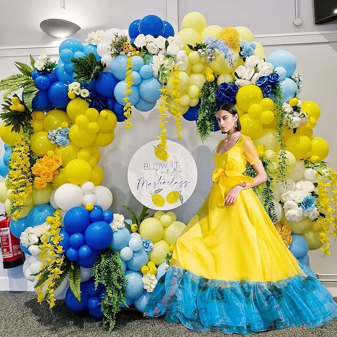 Lemon Royal Blue Yellow Balloon Garland Arch Kit with Lemon Foil Balloons for amalfi last toast on the coast Bachelorette Bridal Shower Decorations Main Squeeze Party Supplies