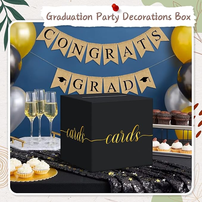 QIKSION Black Graduation Card Box, Gold Foil Gift Card Box for Party Decorations, Wedding Reception, Birthday, Baby & Bridal Shower, Anniversary, Retirement