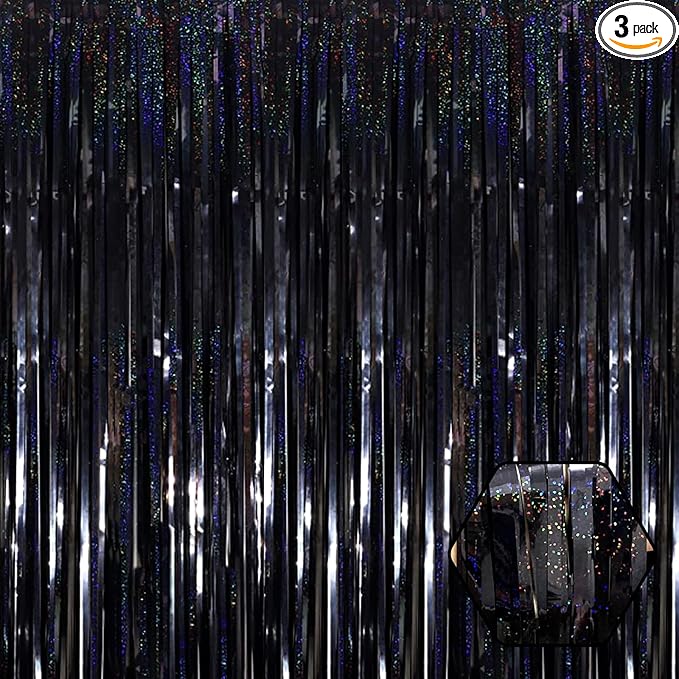 3 Pack Black Foil Fringe Curtain Backdrop, 3.28Ft x 8.2Ft Metallic Tinsel Foil Fringe Streamer Curtains for Photo Booth, Mother's Day, Easter, Birthday, Wedding Party Decorations
