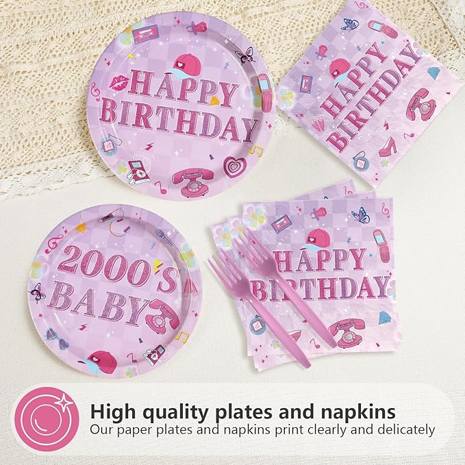 96 Pcs Y2k 2000s Birthday Party Decorations Pink Retro Fashion Plates and Napkins Disposable Early 2000s Theme Tableware Set for Girls Women Teen Birthday Party Supplies Serves 24