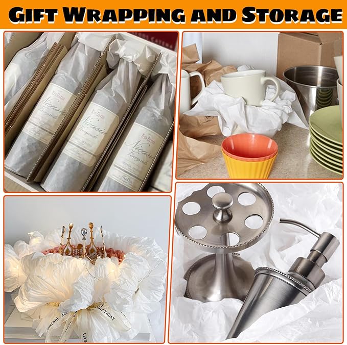 RYKOMO 200 Sheets 20 x 20 Inch White Acid-Free Tissue Paper for Gift Bags, White Wrapping Paper for Packaging, DIY Craft Birthday Wedding New Year Holiday Valentine's Day Décor
