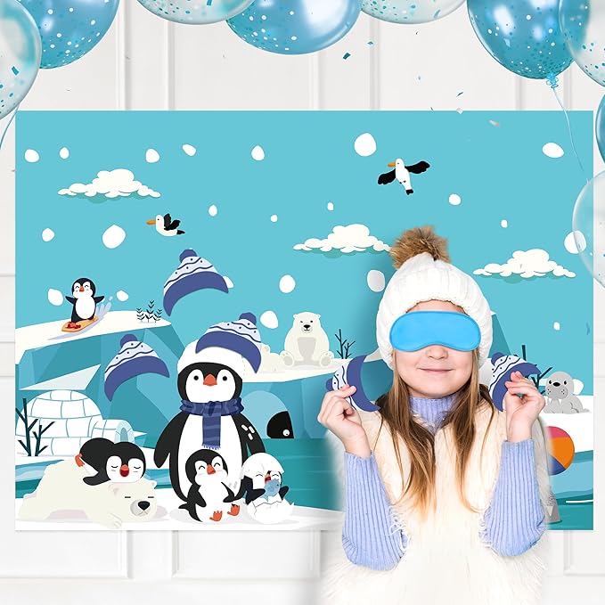 Winter Party Games for Kids Christmas Pin the Hat On the Penguin Large Poster with Stickers Blindfolds Fun Polar Arctic Animals Activities Party Decorations for Xmas Holiday Birthday Family Gatherings