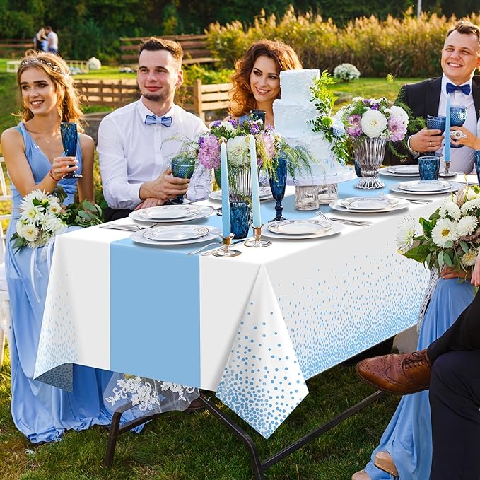 MASHAN 6Pcs White and Light Blue Polka Dot Plastic Rectangular Tablecloths, 54x108 Inch, Spill Resistant, Perfect for Birthday, Wedding, Graduation Parties