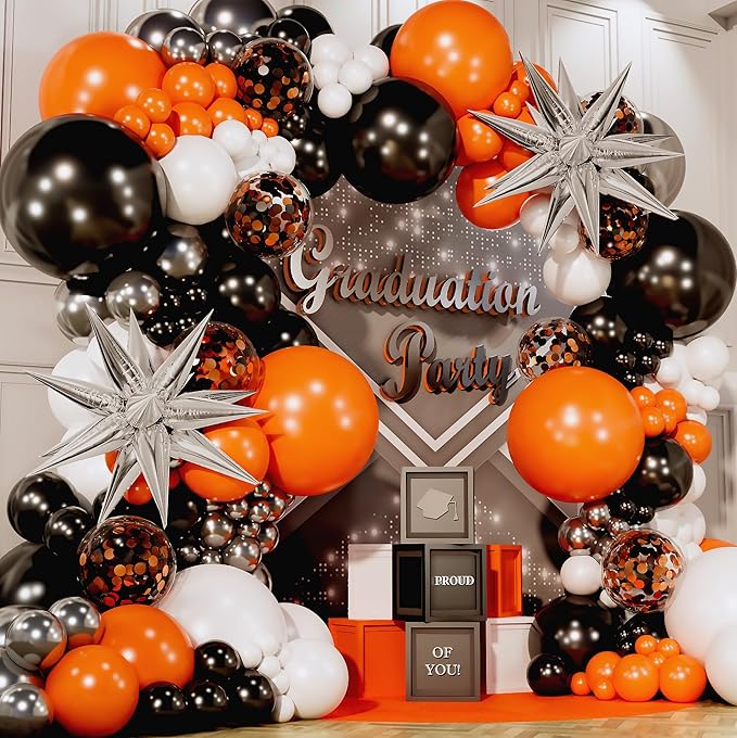 ALL-IN-1 Orange Black White Balloons Arch Kit with BONUS Starburst Balloons – Small & Large White Orange Black Balloons – Party Decorations for Graduation, Birthday Bengals, Halloween, Harley Davidson