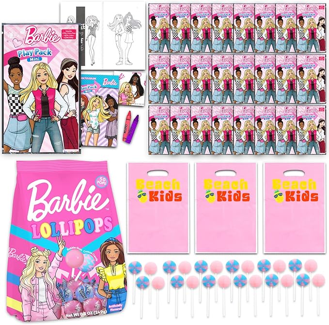 Barbie Party Favors Bundle - 24 Pack with Mini Coloring Activity Book, Goodie Bags, 50 Individually Wrapped Lollipop Suckers | Halloween Supplies