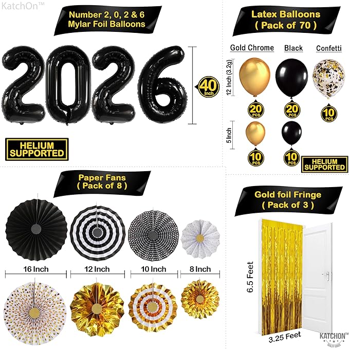 Katchon, New Years Eve Party Supplies 2026 - Huge, Pack of 115 | Happy New Year 2026 Balloons Arch Kit | Gold Fringe Backdrop Curtain, New Year Balloons | New Years Decorations 2026, Nye Decorations