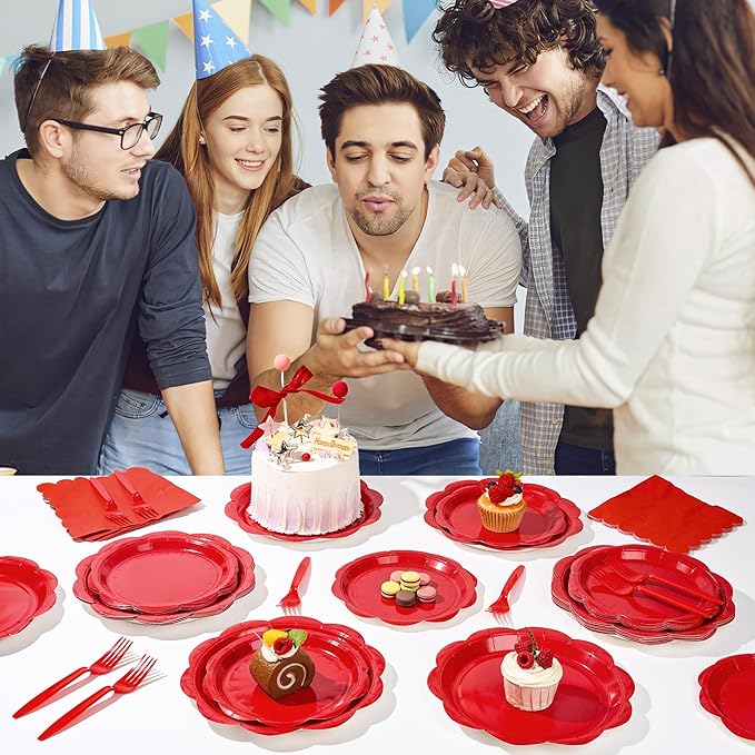 96 Pcs Red Paper Plates and Napkins Set Party Supplies, Tableware set for 24 Guest include Disposable Red Scalloped Plates, Napkins and Forks for Baby Shower Bridal Shower Wedding Christmas