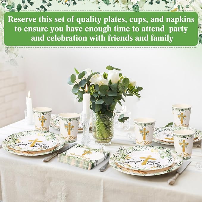 Pickmesh 250 Pcs Dinnerware Set Disposable Paper Plates Napkins and Cups Luncheon Dinner Tableware for Birthday Party Supplies Table(Sage Green,God Bless)