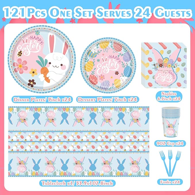 Easter Plates and Napkins Disposable Set – Easter Paper Plates and Napkins Sets with Cups, Forks & Tablecloth, Happy Easter Bunny Party Supplies, Easter Dinnerware Tableware, Serves 24 Guests