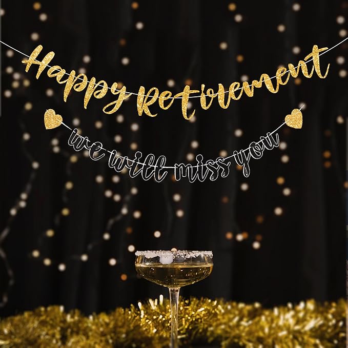 Pre-strung Happy Retirement & We will miss you Banner, Pre-strung on 8 ft Strand Black Gold Glitter Retirement Party Decorations Sign, Going Away Party Farewell Party Supplies and Gifts for Coworker, Men Women